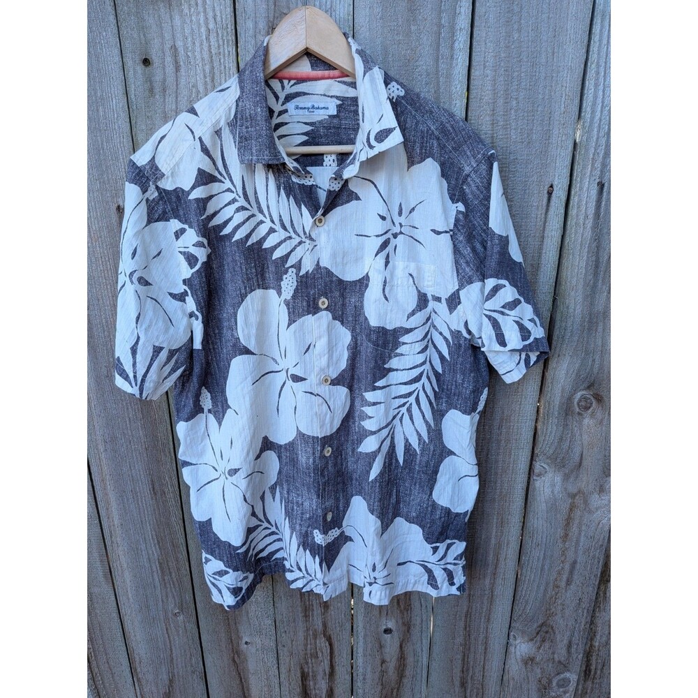 Tommy Bahama Shirt Short Sleeve Floral Cotton Silk Large Blue White